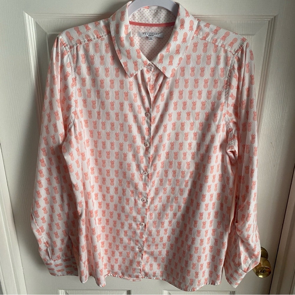Foxcroft White Pineapple Print Cotton Button Down Shirt 12